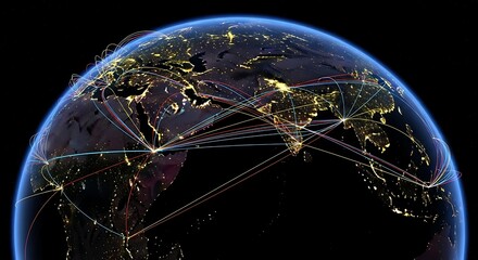 Dynamic depiction of Earth at night, with intricate glowing lines showcasing extensive global connectivity and the advanced infrastructure of the digital age
