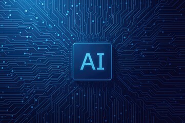 Futuristic digital backdrop featuring AI symbols and interconnected nodes on a blue theme