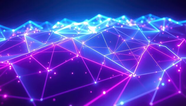 Vibrant neon geometric network displaying digital connections and technological innovation, ideal for themes of data, communication, and futuristic design.