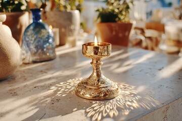 Elegant Golden Candle Holder with Soft Flickering Flame Creating Intricate Shadows on Marble Surface Amidst Cozy Home Decor and Warm Atmosphere