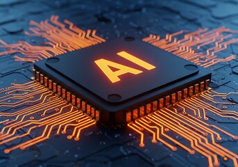 Closeup of ai processor chip with glowing orange circuits