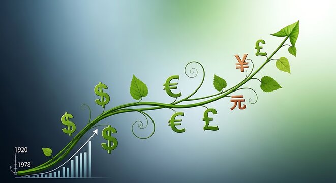 Symbolic representation of global currency growth intertwining with natural elements, illustrating financial prosperity and economic advancement