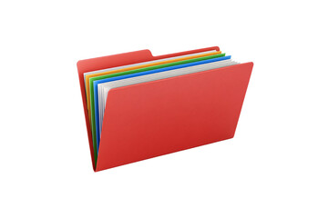 Red file folder containing colorful documents with organized tabs in blue green yellow, isolated on a transparent background