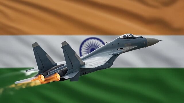 Flying Jet with Afterburner Against National Flag Background Stock Image