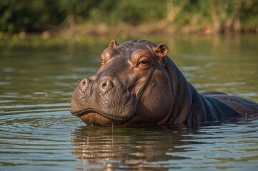 Fototapeta premium A big grey-brown hippopotamus relaxing in the water with eyes shut, enjoying the sunlight.