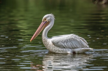 A large white pelican cleaning itself in shallow water
