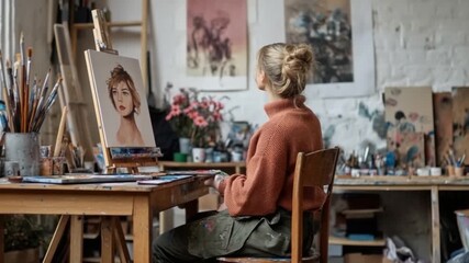 Immerse yourself in this inspiring video of an artist painting a portrait in her studio. Discover the passion and creativity involved in the art of painting. AI