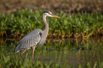 Fototapeta premium Grey heron spotted in a protected wetland area