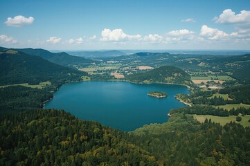 Aerial perspective of a lake encircled by lush greenery