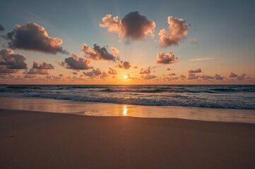 Stunning photo showcasing a mesmerizing sunset over the ocean shore. Every pixel radiates natural splendor. Ideal for serene and seaside motifs.