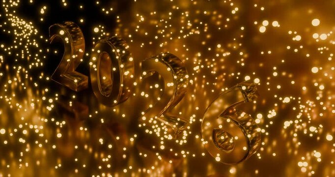 New year number 2026 metallic between fireworks 3D animation render and spark floating particles that illuminate it in the dark, look down camera movement
