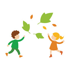 Children playing leaves  on a white background 