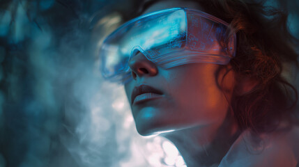 Fototapeta premium woman wearing VR headset, glowing holographic interface around her, futuristic atmosphere, stock photography