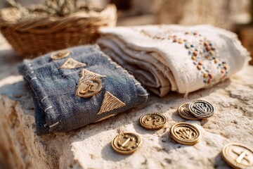 Close-up of Textiles with Hand-Stitched Embroidery, Vintage Buttons, and Natural Elements in an Outdoor Setting, Emphasizing Craftsmanship and Artistic Detail