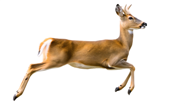 photograph a deer leaping on mid air isolated on white background, png, ai generated.