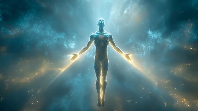 Ethereal ambient sound healing experience featuring a futuristic figure illuminated by blue and golden light

