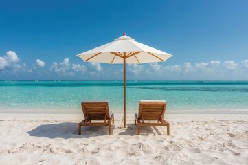 Fototapeta premium Two lounge chairs and a beach umbrella on a secluded sandy shore under a radiant sun, featuring clear ocean waves in the distance