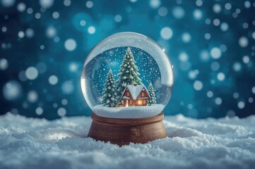 Animated snow globe featuring a tree and a cabin set against a snowy backdrop with a warm, abstract bokeh effect