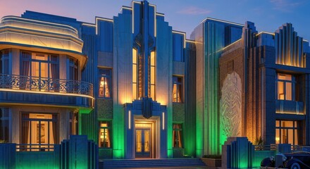 Art deco building exterior architectural design with illuminated facade at dusk