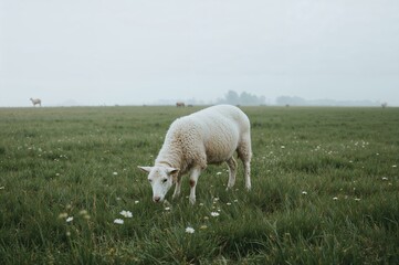 Obraz premium A lone white sheep feeds in a grassy field beneath a cloudy sky in a portrait orientation
