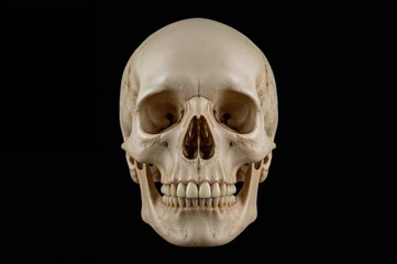 Isolated Realistic Human Skull Against a Black Background, Facing Forward with Visible Teeth and Closed Jaw, Close-Up View