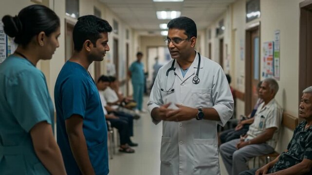 Doctor Talking with Staff in Hospital Hallway About Patient Care