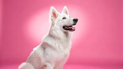 Fototapeta premium White Dog Against Pink Background – Playful Portrait, Vibrant Contrast, Pet Photography, cheerful, animal, studio, fluffy, expressive, modern, Dog