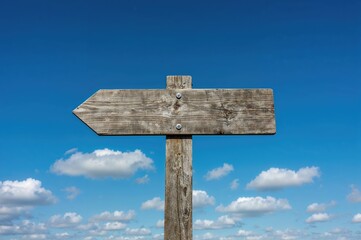 Old wooden signpost set against a clear blue sky
