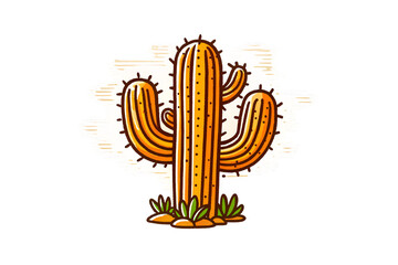 Orange saguaro cactus with arms in cartoon illustration style with desert wind lines background, isolated on a transparent background