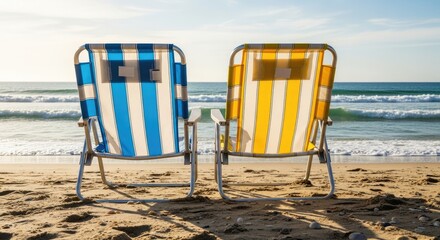 Beach chairs on sandy shoreline ocean view relaxing seaside vacation
