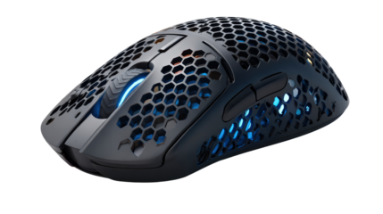 Gaming mouse with honeycomb shell design top view lightweight tech isolated on a Transparent background, PNG file.