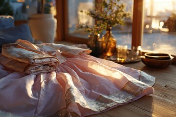 Elegant Pink Fabric with Gold Trim Draped Elegantly in Soft Natural Light, Showcasing Textiles and Decorative Elements in Calm Interior Setting