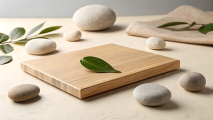 Product display mockup with wooden board leaf and stones for cosmetic presentation