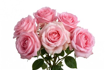 Cluster of delicate pink rose petals adorned with water droplets on a white backdrop