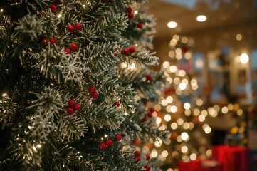 Festive shopfront decorated with icy twigs and vibrant scarlet berries