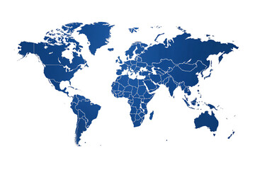 Blue world map showing all continents with country borders outlined in white, isolated on a transparent background