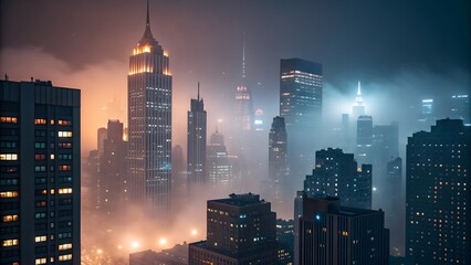 New york city skyline at night with fog and skyscrapers urban landscape view