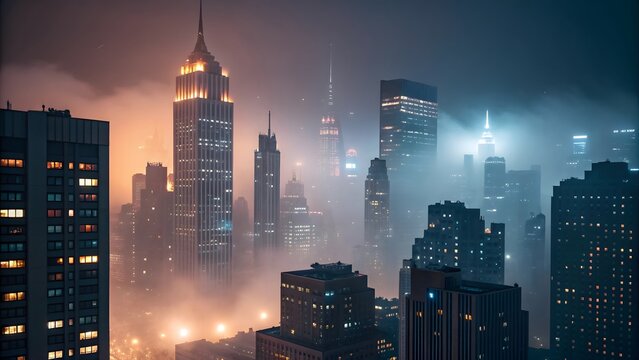 New york city skyline at night with fog and skyscrapers urban landscape view