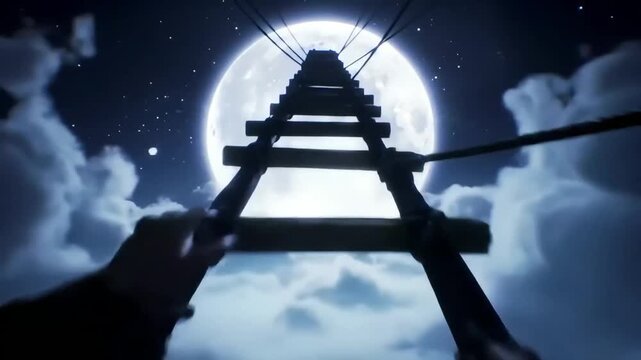Climbing a rickety ladder towards a full moon, POV perspective
