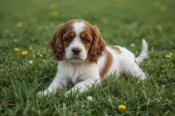 Cute English Cocker Spaniel puppy resting on the lawn with space for text