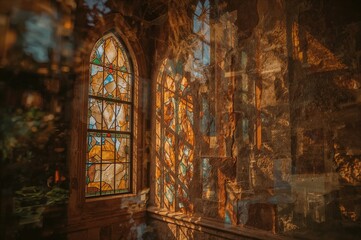 Obraz premium Close-up of an abstract stained glass design casting colorful light and shadows on a wall in an ancient chapel