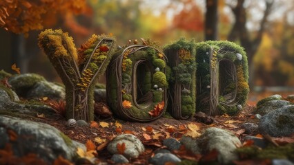 Living YOLO Typography Crafted from Moss and Roots in a Serene Autumn Forest