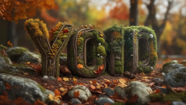 Living YOLO Typography Crafted from Moss and Roots in a Serene Autumn Forest