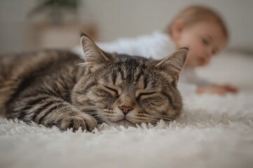 Obraz premium A peaceful grey tabby lounges on a light-toned carpet, eyes softly shut.