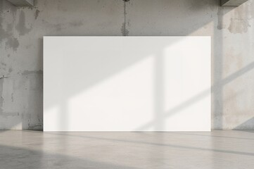 Empty white billboard from the front with a central area for your message or emblem in a spacious room featuring a bright floor and a concrete wall backdrop. 3D mockup rendering
