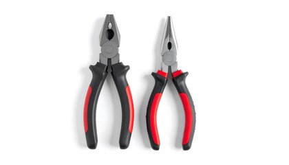 Fototapeta premium Essential grey metal combination and needle-nose pliers with black and red handles, arranged vertically on a clean white background, symbolizing craftsmanship, industry, and the spirit of Labor Day.