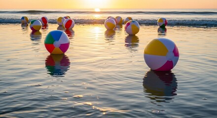 Colorful beach balls embrace serene ocean at sunset a coastal scene of summer fun and tranquility for travel and vacation imagery beach balls reflecting golden sunlight on gentle waves
