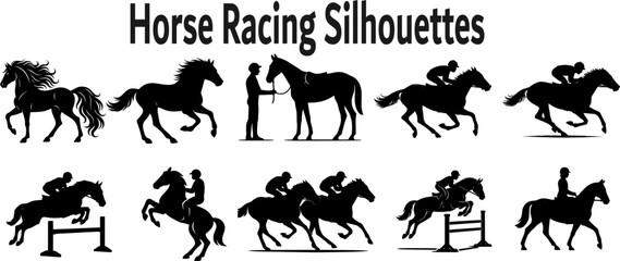 Fototapeta premium Horse Racing Silhouettes Set Black and White Minimalist Vector Collection of Jockeys and Dynamic Race Moments