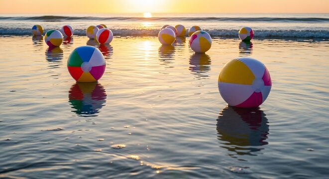 Colorful beach balls embrace serene ocean at sunset a coastal scene of summer fun and tranquility for travel and vacation imagery beach balls reflecting golden sunlight on gentle waves