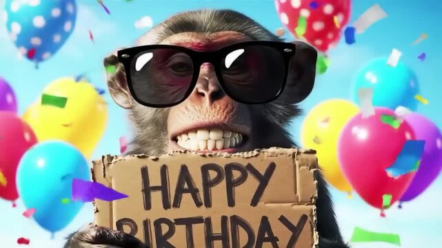 Cool Monkey Birthday Celebration with Balloons and Confetti in the Sky